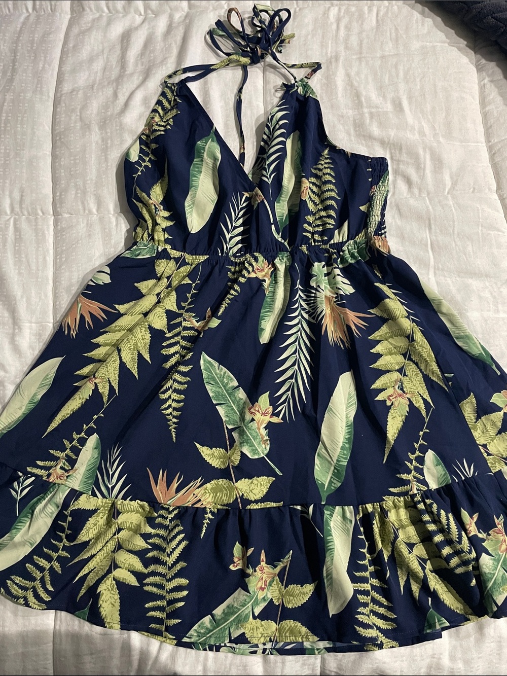 Cupshe Navy Tropical Halter coverup with Green Leaf Print